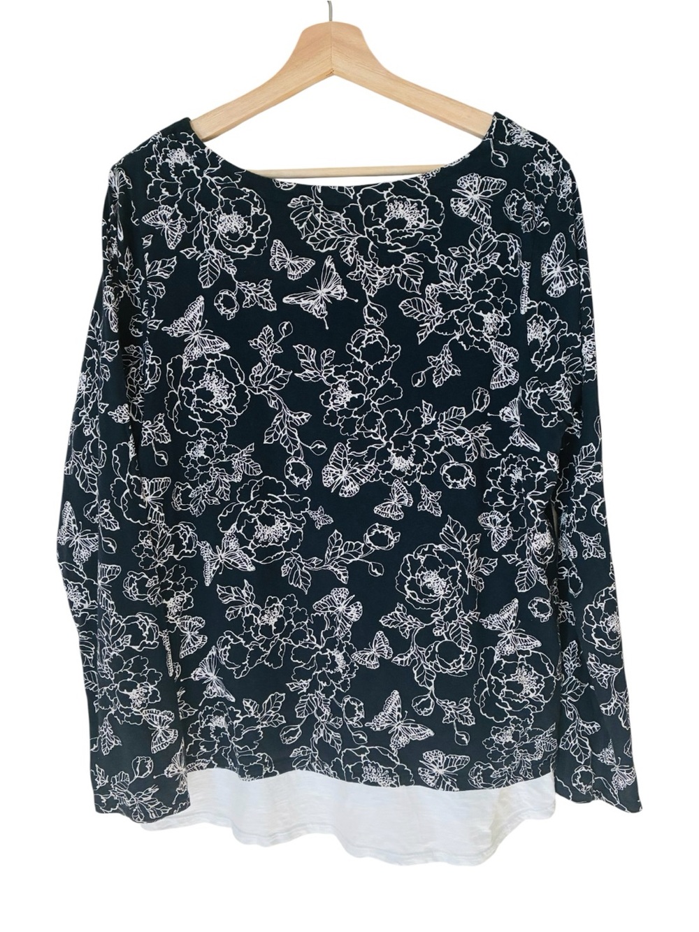 J. Jill Sz LARGE Navy Blue Floral Butterfly Print Layered Cotton Long-Sleeve Top - Picture 7 of 7
